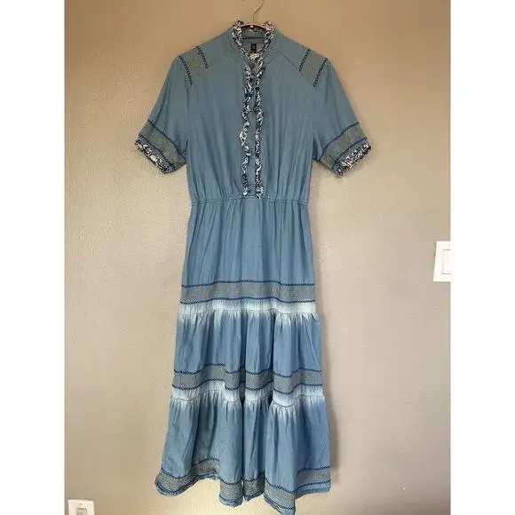 Lapis Dresses | Lapis Tiered Denim Chambray Embroidered Maxi Dress Size Medium Peasant Boho | Color: Blue | Size: M | Cattlequeen's Closet